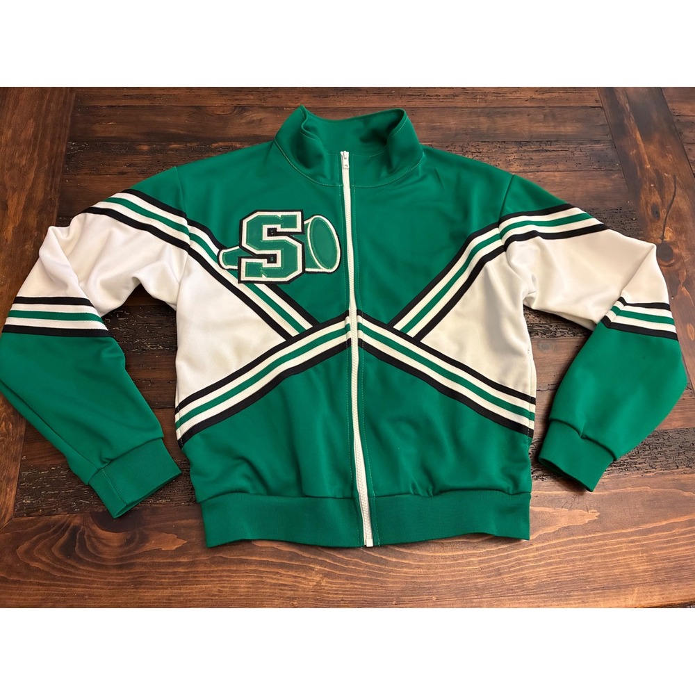Vintage Cheerleading Jacket Double Knit Full Zip Women's Size Medium Green White